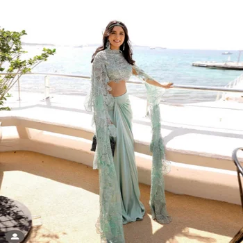 Indijski Saree 2 Kos Maturantski Halje Elegantna Čipke Naguban vestido ne fiesta Moda Dolg Rokav Formalnih Obleke Mint Barvi