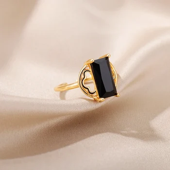 Cirkon Črni Kamen Obroči Za Ženske Iz Nerjavečega Jekla Geometrijske Openning Prst Prstan Moda Poročni Nakit Darilo Bijoux Femme