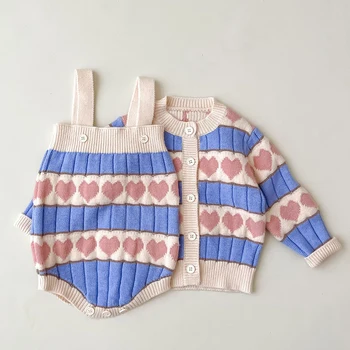 Dojenčke in Otroke, Otroška Deklice Dolg Rokav Ljubezen Srce Plašč + igralne obleke Kompleti Oblačil Newborn Baby Dekleta Plesti bo Ustrezala otroška Oblačila